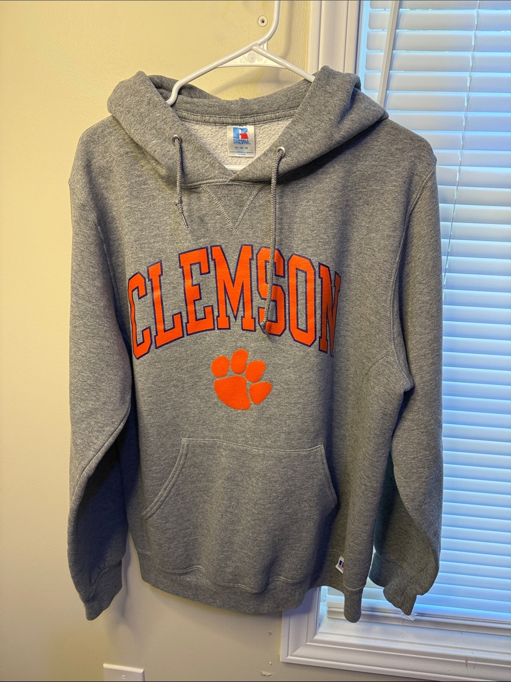Russell Athletic Gray Crewneck Hoodie with Orange Clemson Script